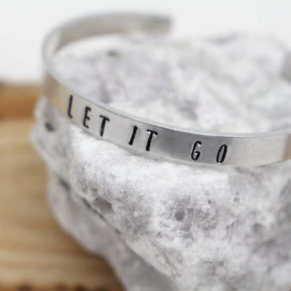 Let It Go - Hand Stamped Anodized Aluminum Bangle - Adjustable - Picture 2 of 11